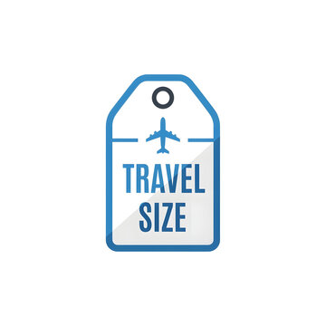 Travel Size vector icon, blue luggage tag with airplane, isolated product label.
