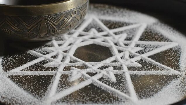 Sacred Geometry: A meditative setup showcasing a intricate geometric pattern etched into sand, accompanied by a resonant singing bowl, inviting introspection and spiritual exploration.