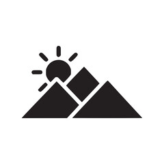 A minimalistic illustration of mountains with the sun rising behind the peaks in black and white