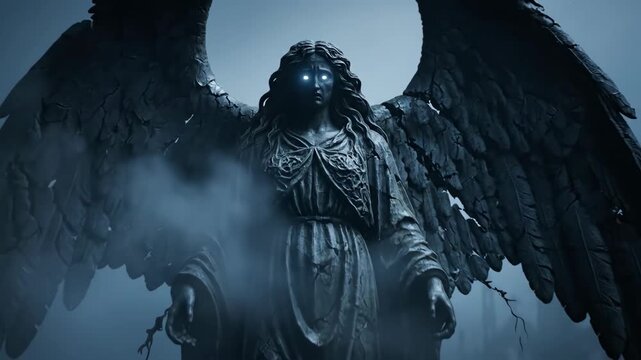 Dark Angel Statue with Glowing Eyes in Misty Cemetery - Gothic Fantasy