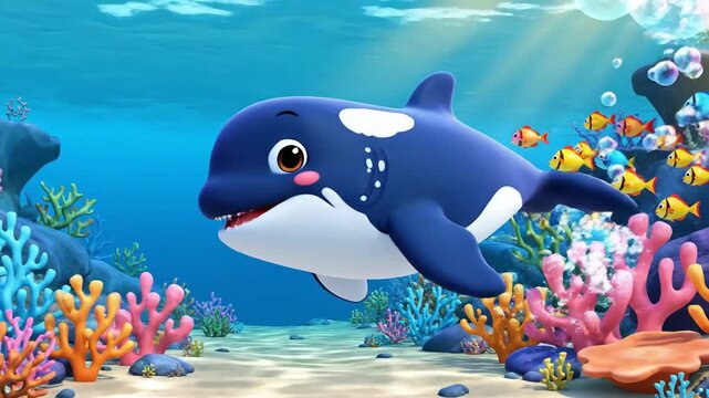 Cartoon orca whale swimming underwater surrounded by colorful fish and bubbles