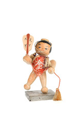 Vintage Japanese wooden figurine with decorative tassels and guitar.
