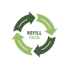 Obraz premium Refill Pack green circular arrows, vector eco badge, isolated sustainable packaging icon. 