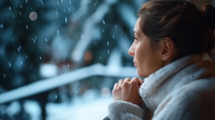 Winter depression seasonal affective disorder faceless sad woman looking out window defocused winter scene background mental health contemplation loneliness seasonal mood