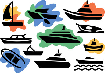 Collection of Various Boats and Vessels with Colorful Accents Vector Design