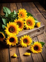 Rustic Sunflower Still Life: Vibrant Blooms on Weathered Wood - Perfect for Autumn Decor & Farmhouse Style Photography