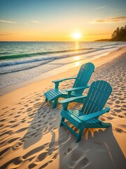 Serene Beach Sunset: Two Turquoise Adirondack Chairs on Sandy Shore - Tropical Vacation & Relaxation