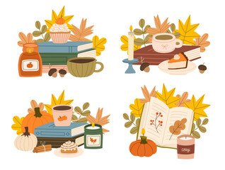 Cozy autumn scene set. Tea cup, stack of books, candle and leaves. Fall hand drawn composition with warm reading atmosphere. Flat vector illustration.
