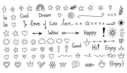Hand-Drawn Doodle Icons Set with Stars, Hearts, Arrows, and Cute Elements