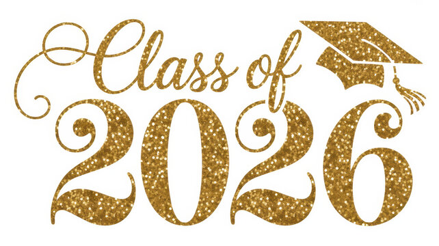 Class of 2026 gold glitter text with graduation cap icon on white background for senior school celebration
