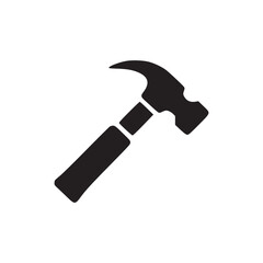 A simple graphic illustration of a black hammer tool isolated on a plain white background space