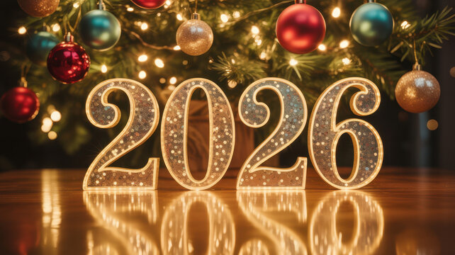 A scene featuring the year 2026 in bold, golden 3D letters with a sparkling, reflective surface. Happy New Year, Happy New Year 2026, Merry Christmas And Happy New Year - Powered by Adobe