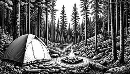 Serene Forest Camping Scene: Black and White Woodcut Style Tent & Campfire - Outdoor Adventure & Wilderness Escape