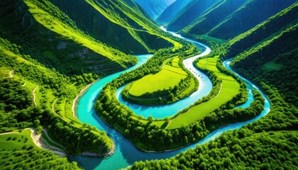 Serene Mountain River Loop: Breathtaking Aerial View of Lush Green Valley and Turquoise Waters - Nature Photography