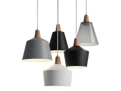 Five modern pendant lamps with different shapes and colors create a stylish and contemporary lighting arrangement generative ai illustration - Powered by Adobe