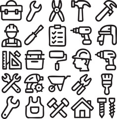 Collection of black and white line art icons representing construction and repair tools