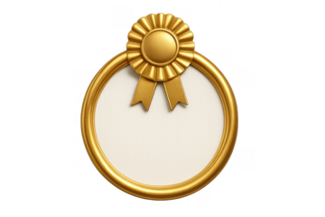 Gold award ribbon with round frame on transparent background representing quality achievement and victory certificate concept