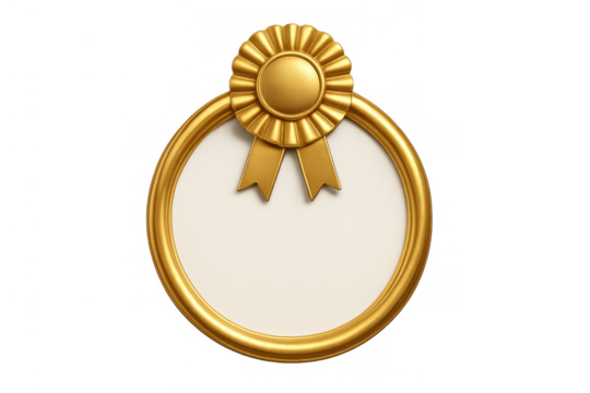 Gold award ribbon with round frame on transparent background representing quality achievement and victory certificate concept