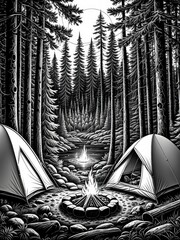 Serene Forest Camping Scene: Black and White Illustration of Tents, Fire, and River - Outdoor Adventure & Wilderness Escape