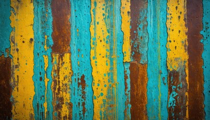 Rustic Wood Plank Texture with Teal, Yellow, and Brown Paint Streaks | Abstract Artistic Background Design