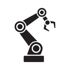 A black and white illustration of a robotic arm with a claw on a plain white background space vector