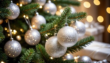 Sparkling Silver Christmas Ornaments on Evergreen Tree with Bokeh Lights - Festive Holiday Season Decor