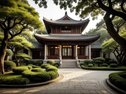Serene Japanese Temple Garden: Traditional Architecture, Lush Greenery, Peaceful Landscape Photography for Zen and Tranquility