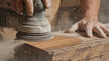 Crafting Precision: A skilled artisan meticulously sands a wooden plank, focusing on intricate detail, in a close-up shot that highlights the natural beauty and the meticulous craftsmanship.