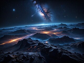 Spectacular Night Landscape: Galaxy, Mountains, and Celestial Light - A Breathtaking View