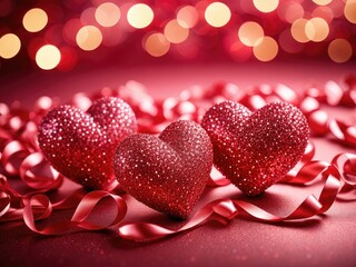Sparkling Red Hearts with Ribbon and Bokeh Lights - Romantic Valentine's Day Decor Image