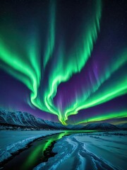 Spectacular Northern Lights Display Over Snowy Landscape - Aurora Borealis in Iceland or Norway