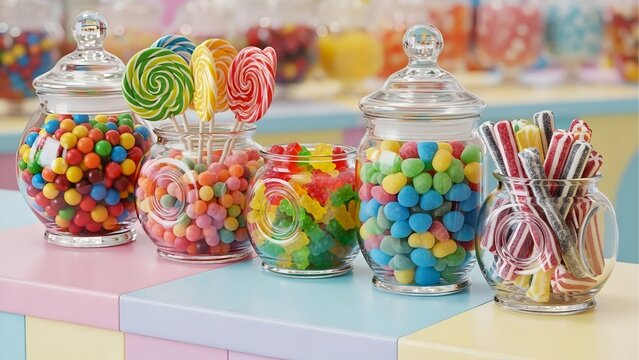 Assorted candy jars colorful sweet treats lollipops jelly beans gummy bears candy shop confectionery display