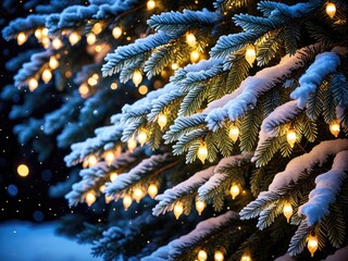 Snowy Evergreen Branches Illuminated with Warm Christmas Lights - Festive Winter Holiday Background