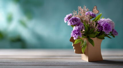 Cardboard silhouette of human head with flowers and butterfly faceless world mental health day defocused mint background vertical banner format psychological awareness