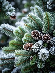 Snowy Evergreen Christmas Tree with Pine Cones - Winter Forest Beauty, Festive Holiday Scene
