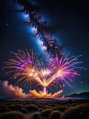 Spectacular Fireworks Display Under the Milky Way: A Night Sky Celebration with Vibrant Colors and Stunning Landscape Photography