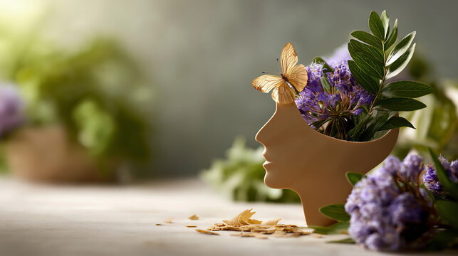 Cardboard silhouette of human head with flowers and butterfly faceless world mental health day defocused mint background vertical banner format psychological awareness