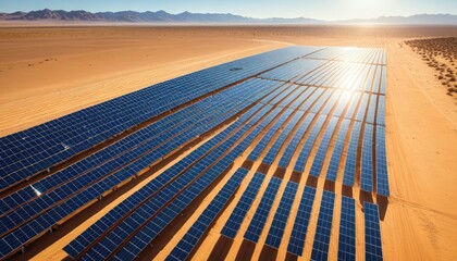 Solar Energy Array in Desert Landscape: Sustainable Power Generation Under the Sun's Rays, Renewable Resources