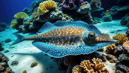 Fototapeta premium Stunning Blue Spotted Ribbontail Ray Swimming Through Vibrant Coral Reef - Underwater Photography, Marine Life, Ocean Beauty