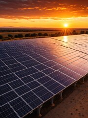 Solar Panel Field at Sunset: Renewable Energy Landscape with Golden Hour Glow and Sustainable Power Generation