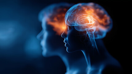 Human brain illustration showcasing cognitive processes faceless emotions visualization defocused overlapping silhouettes background blue and orange hues mental health