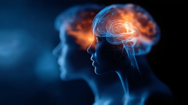 Human brain illustration showcasing cognitive processes faceless emotions visualization defocused overlapping silhouettes background blue and orange hues mental health