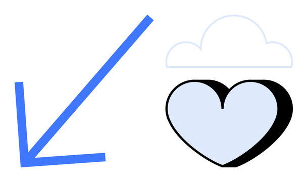 Blue downward arrow beside a cloud and heart in a minimalist graphic. Ideal for themes thumbs up emotional downturn, change, loss, mental health, heartbreak, impact, and sadness. Simple flat metaphor