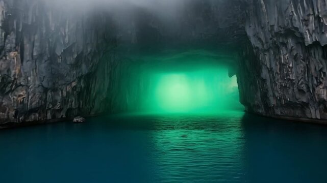 Mystical Sea Cave with Green Glow. Flying into a massive, misty cavern with turquoise water and a mysterious emerald light.