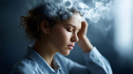 Faceless young woman with head in cloud defocused depression background loneliness mental health concept psychology theme dreaming racing thoughts memory loss dementia