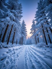 Snowy Forest Path at Dawn: Winter Landscape Photography - Tranquil Scenic View