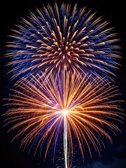 Spectacular Fireworks Display: Vibrant Blue and Gold Fireworks Bursting in the Night Sky