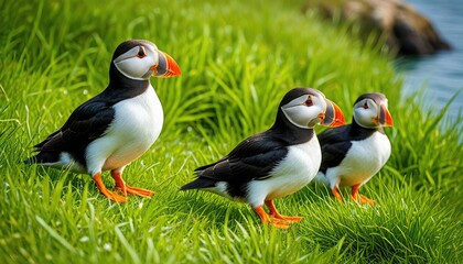 Three Adorable Atlantic Puffins Standing in Vibrant Green Grass Beside the Ocean - Perfect Wildlife Photography