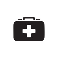 A black and white minimalist image of a first aid kit with a cross on a white background