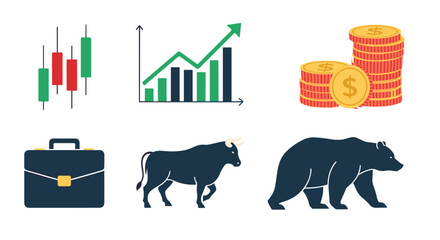 Illustration of stock market elements including candlestick chart, graph, coins, and animals